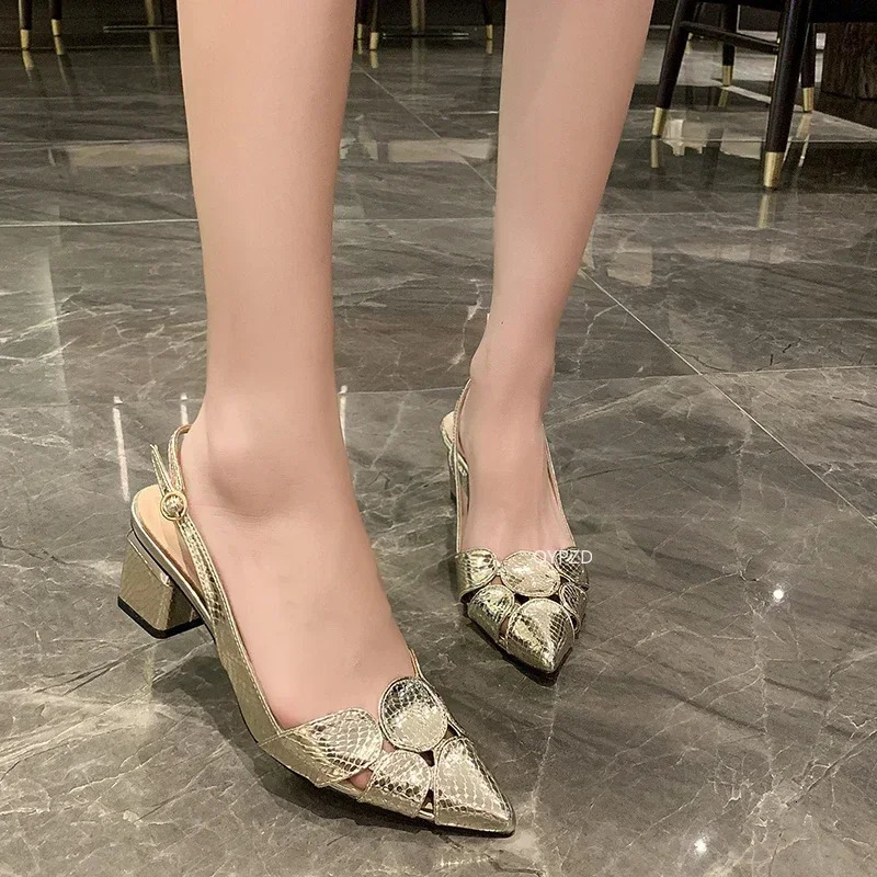 Fashion Women Leather 3cm High Heels Lady Pointe Toe Gold Sandals Female Wedding Bridal Shoes womens heel shoes 250117BJ - view 5