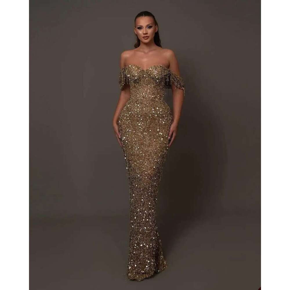 Shiny evening dresses mermaid off shoulder strapless sequins beads prom custom party dress