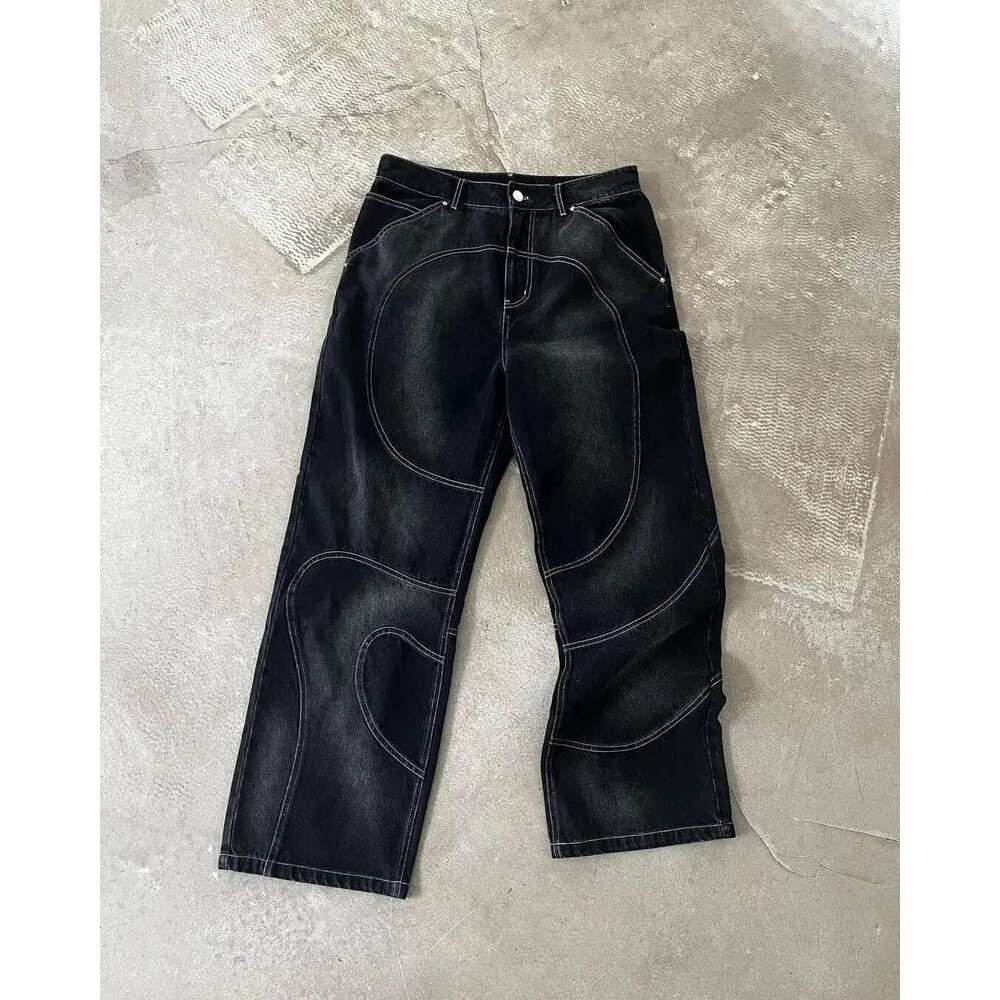 Street washed punk vintage men patchwork jeans Y2K fashionable loose fitting Gothic high waisted Haruku straight leg pants