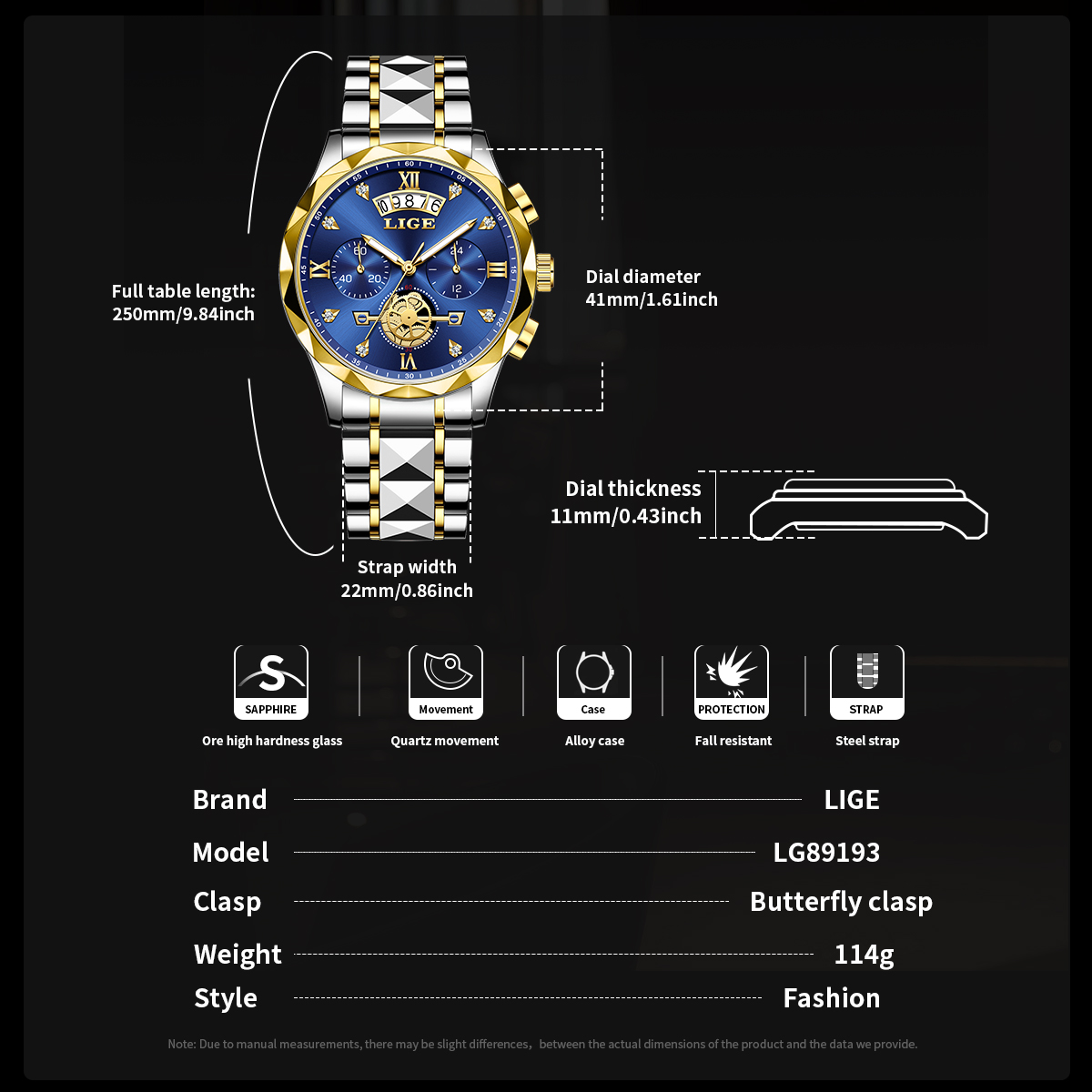 Lige Men's Fashion Business Watch Multi functional Waterproof Calendar Luminous Quartz Watch