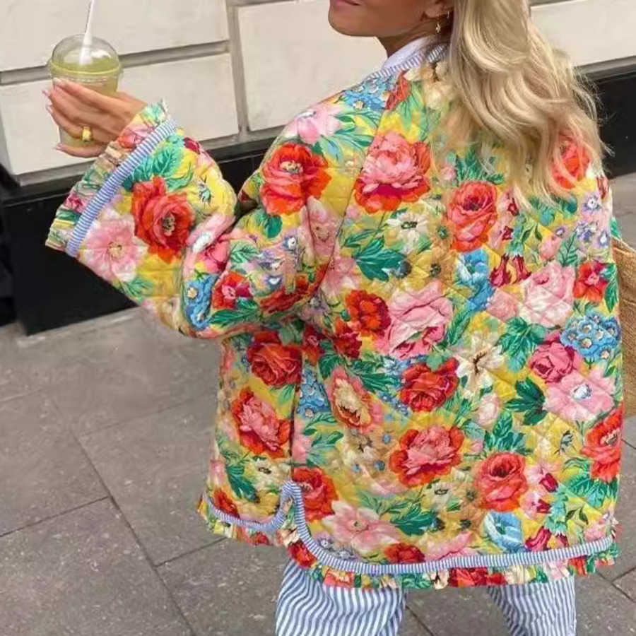 Womens Autumn Flower Printed Loose Quilted Cotton Jacket Womens Top Women Jackets Coat Woman Fur 241209