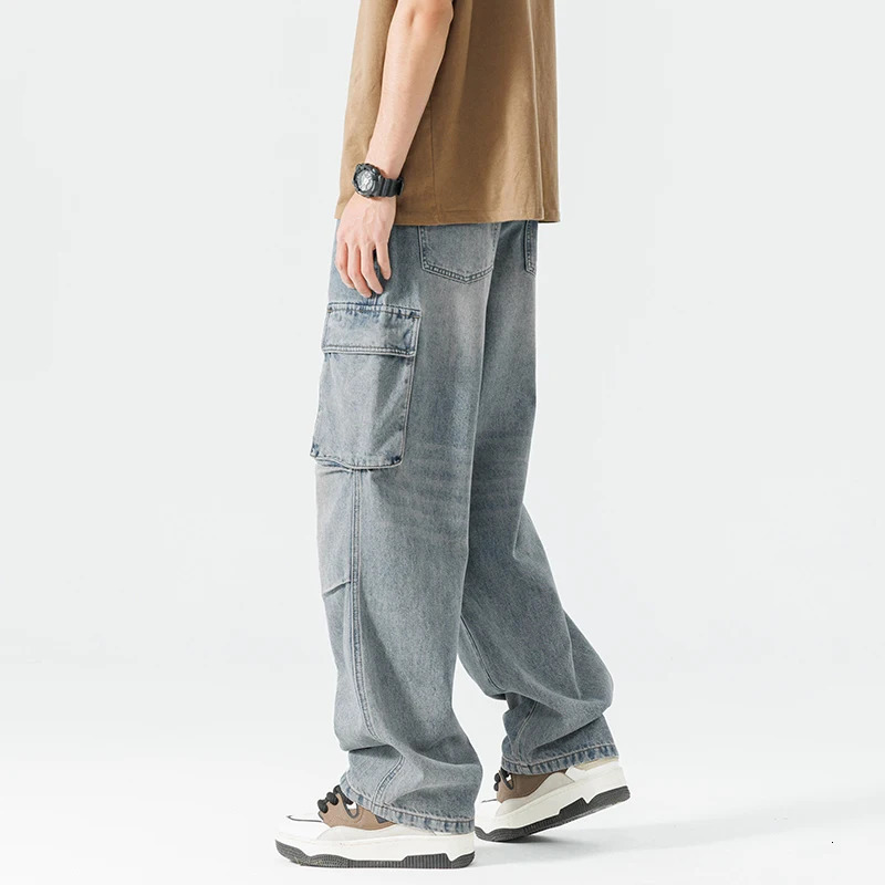 Mens casual loose hip hop denim work pants jeans with cargo pockets 250116