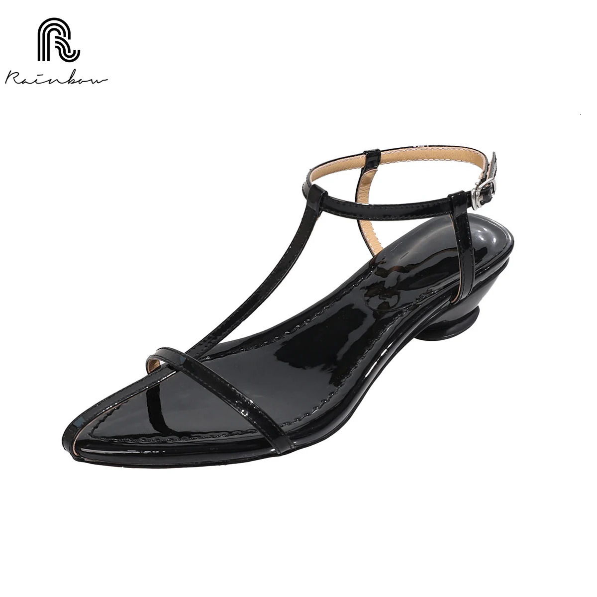 RAINBOW Women Genuine Leather Straight Strap Buckle Sandals Summer Solid Fashion Sexy Flat Shoes Open Toe Pointed Size 3540 250117BJ - view 3