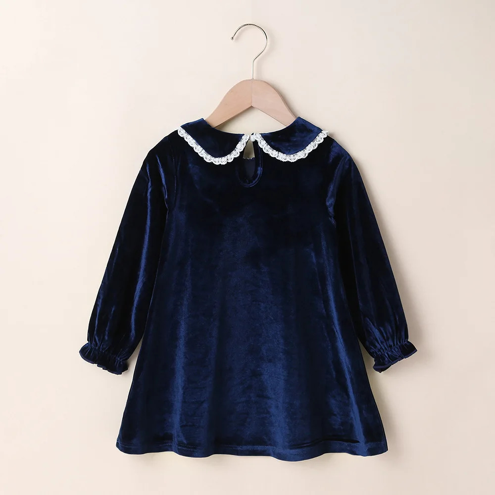 Autumn Winter Dress Long Sleeve Peter Pan Collar Lace Velvet Green Black Cute Sweet Baby Girls Dress Vestidos 2-6T 250120
