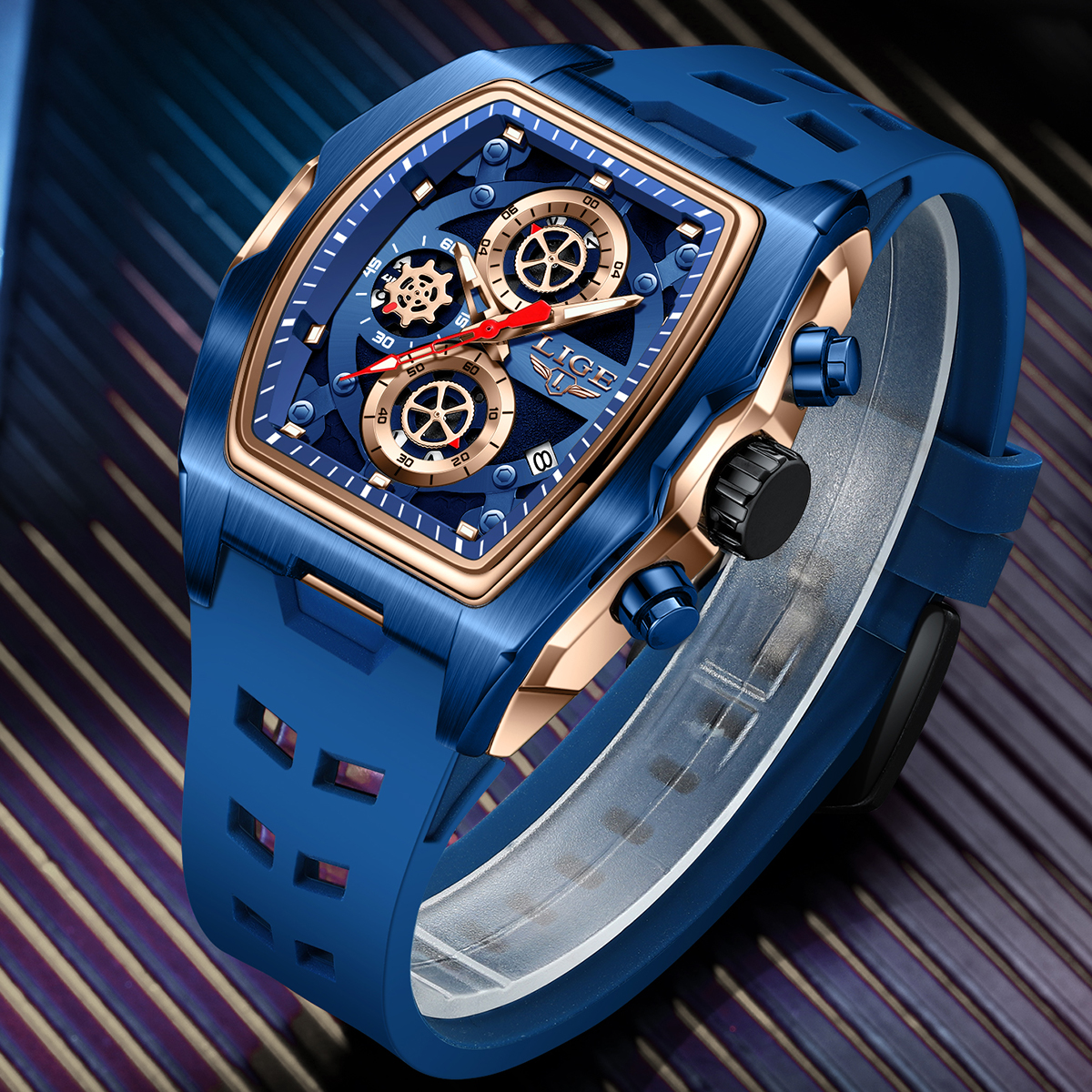 LIGE sports style wine barrel men's watch curved mirror hollowed out men's watch multifunctional luminous calendar waterproof watch