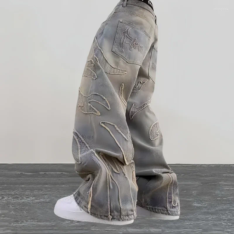 Baggy Men's 3D Embroidery Stacked Jeans, Y2K Streetwear Goth Mens Pants, Haruku Vintage Denim Trousers for Men and Women