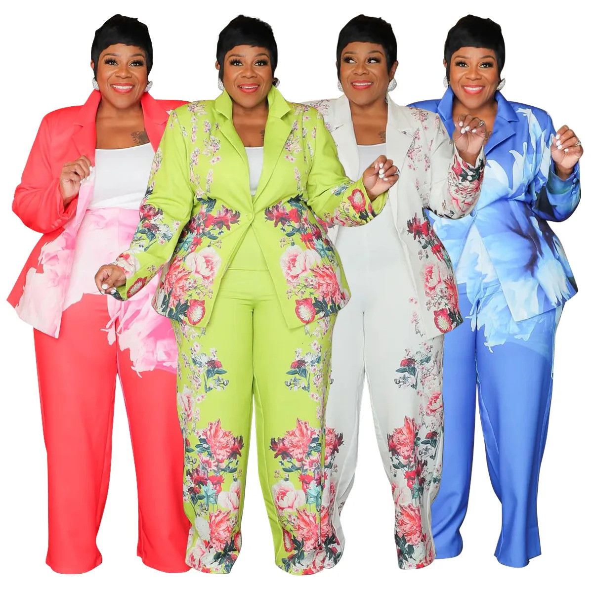 Plus Size Floral Printed Two Pieces Set Spring Long Sleeve Button Blazer Top Wide Leg Pants Oversized Sets Office Lady Tracksuit 250122