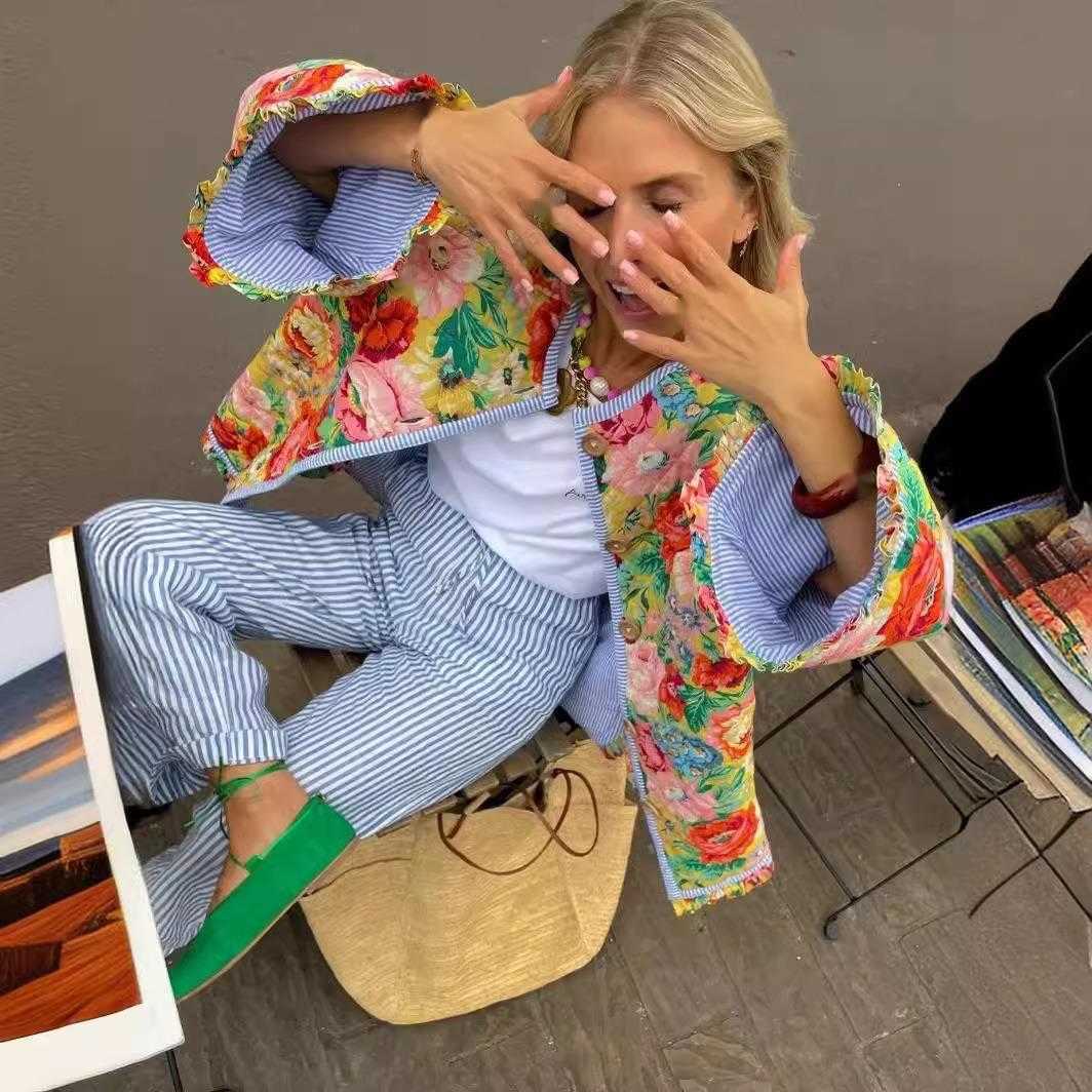 Womens Autumn Flower Printed Loose Quilted Cotton Jacket Womens Top Women Jackets Coat Woman Fur 241209