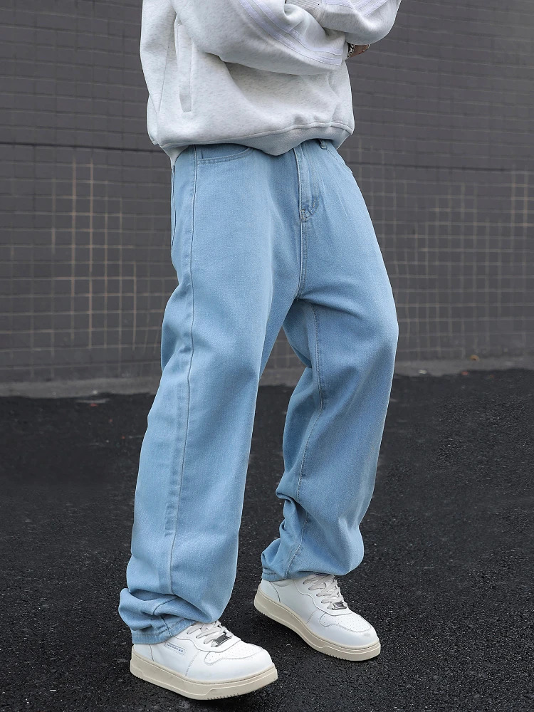 Streetwear Y2K Men Wide Leg Pants Baggy Jeans Straight Cotton Elastic Waist Loose Denim Trousers Korean Fashion Male Clothes 250116