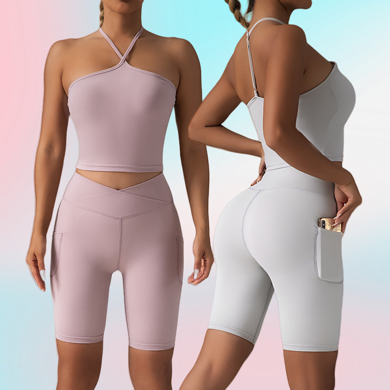 High quality women's casual versatile camisole seamless yoga set bra cross waist peach hip shorts trendy fitness sportswear