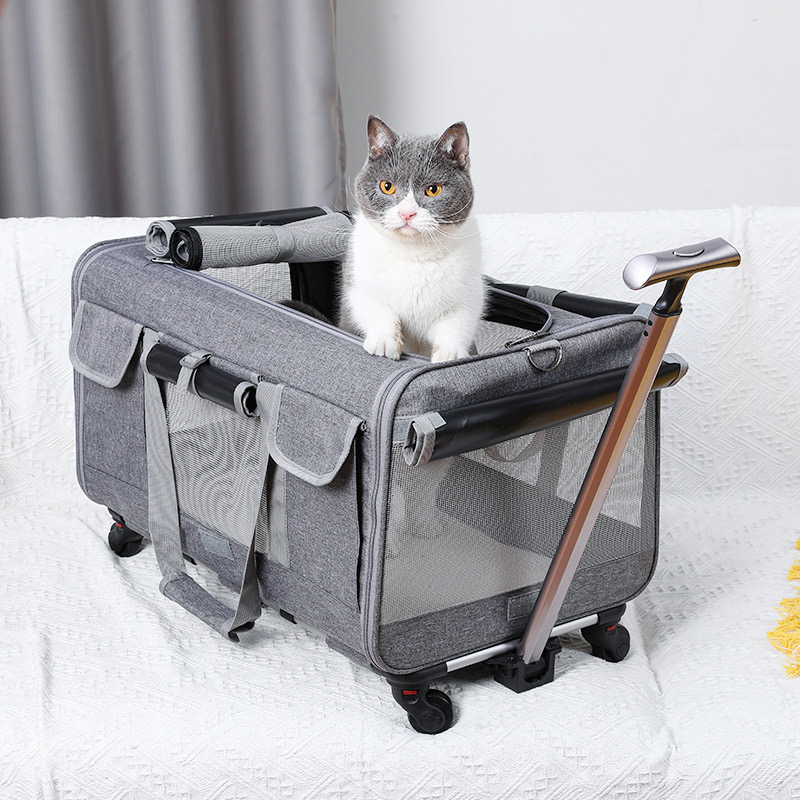 Collapsible Extra Large Cat Carrier with Wheels and Litter Box, Rolling Soft Carrier with Breathable Mesh Windows and Locking Zippers for Long Distanc