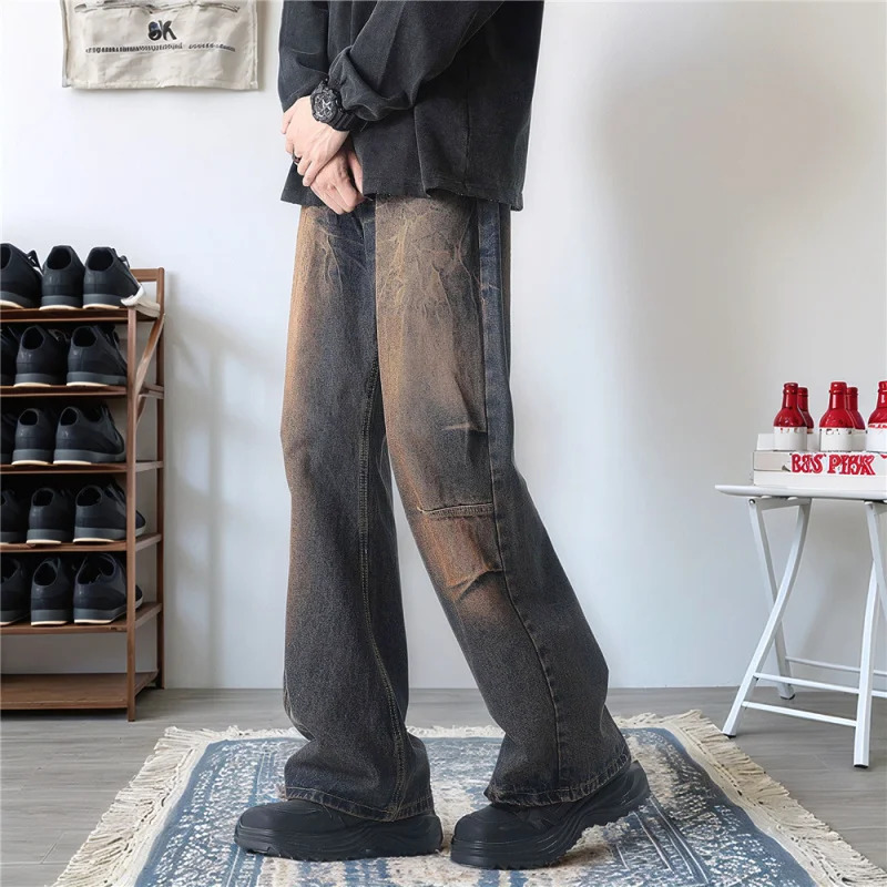 MenS Lightning Pattern Print Straight-Leg Jeans Pants High Street Lengthened Pants American Vibe Micro-Lapped Wide-Leg Pants 250116