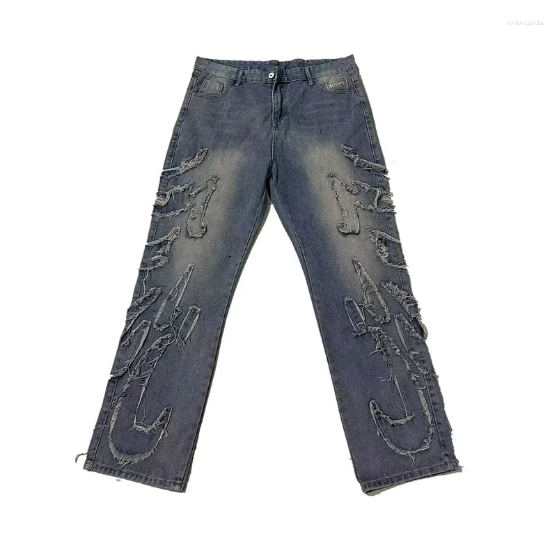 Baggy Men's 3D Embroidery Stacked Jeans, Y2K Streetwear Goth Mens Pants, Haruku Vintage Denim Trousers for Men and Women