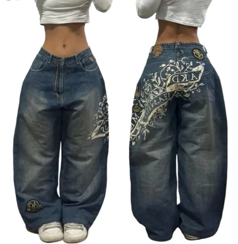 2024 New American Trend Retro Hip-hop Embroidery Pattern Baggy Jeans For Men And Women Y2K Haruku Gothic Wide Pants Streetwear