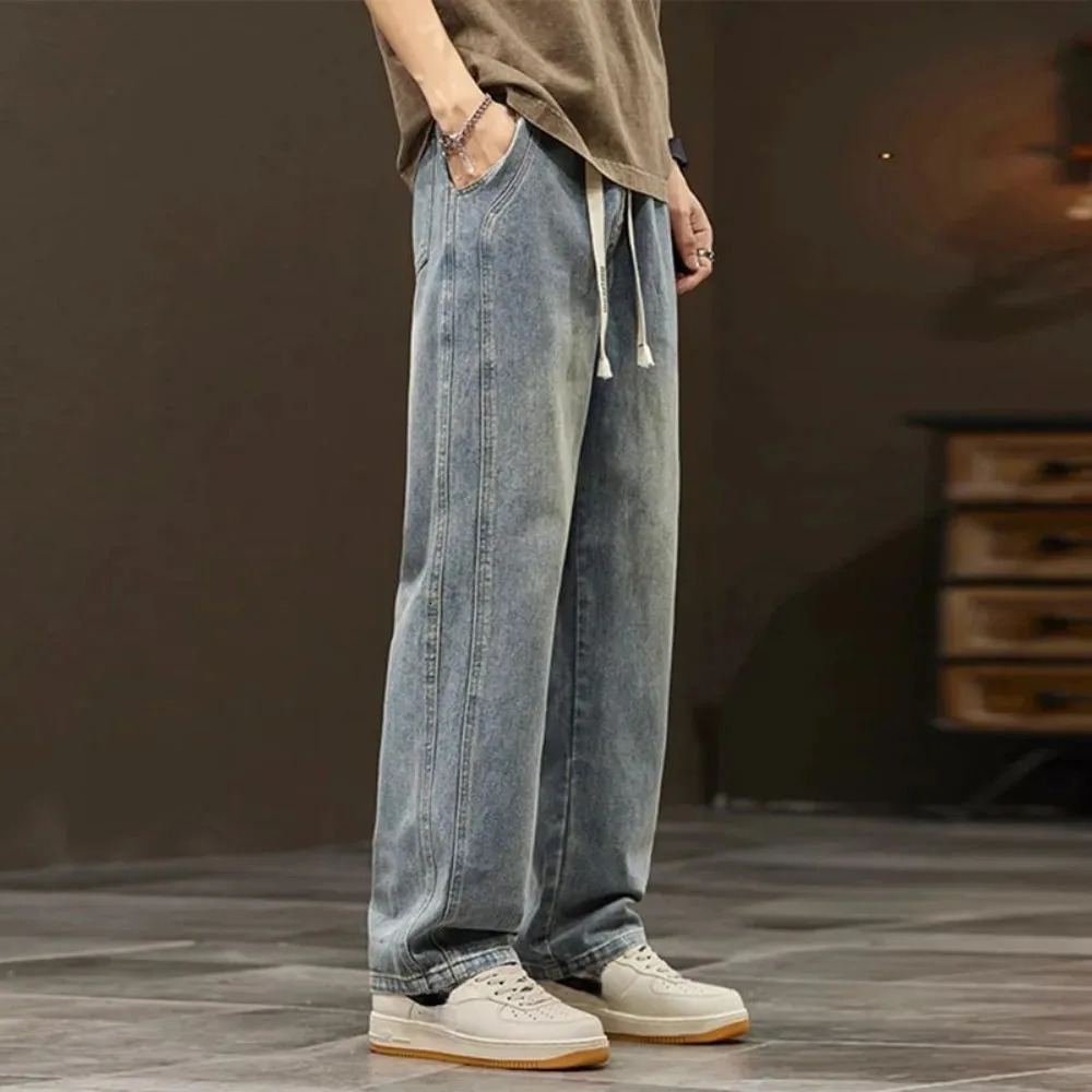 Elastic loose straight jeans men wide legged denim men pants casual trousers Korean style men clothing jeans pants man 250116