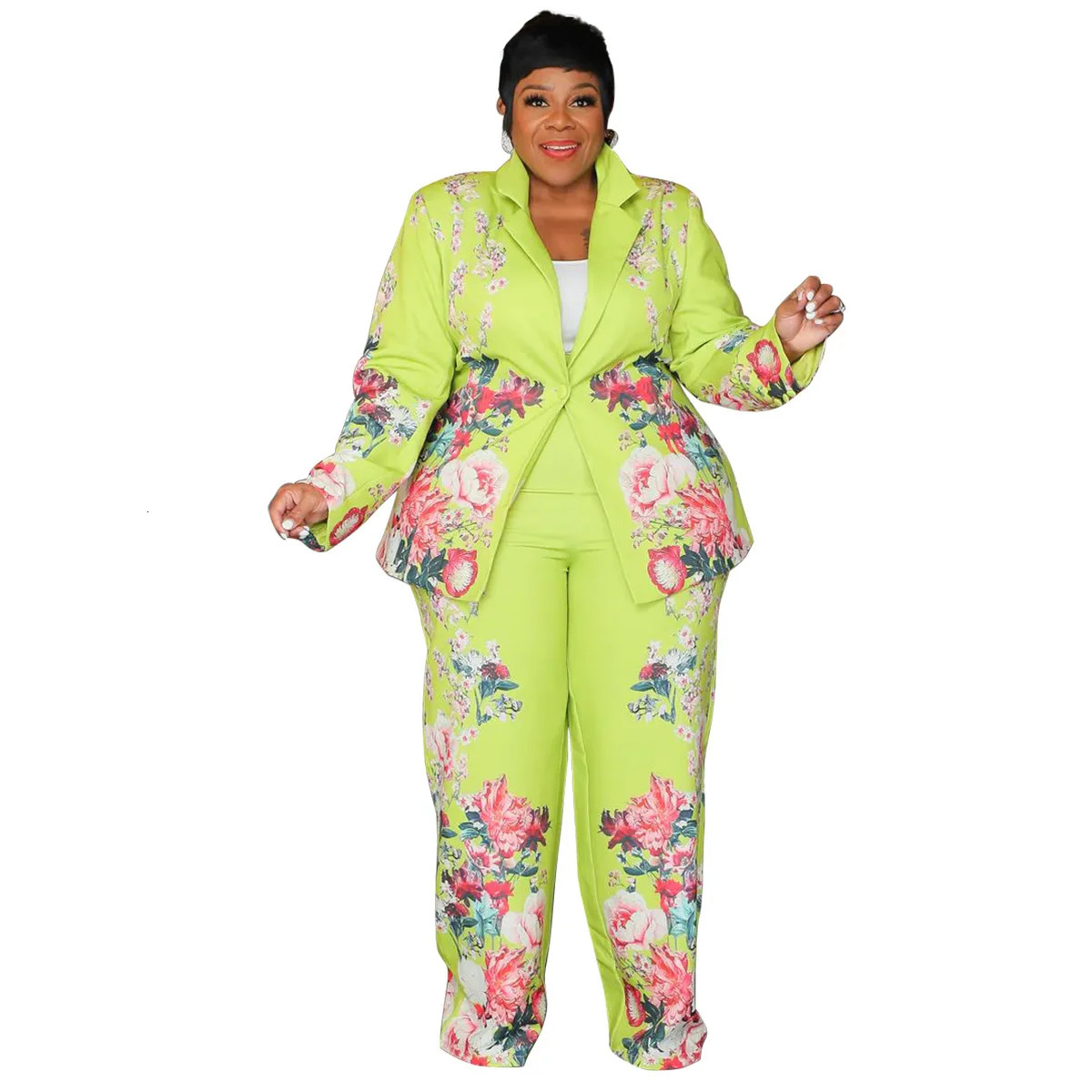 Plus Size Floral Printed Two Pieces Set Spring Long Sleeve Button Blazer Top Wide Leg Pants Oversized Sets Office Lady Tracksuit 250122