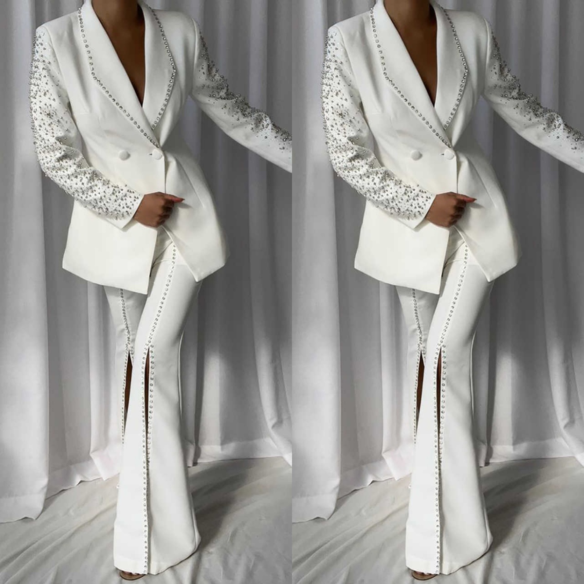 Elegant Women Suits Beaded Double Breasted Shawl Lapel Ladies Outfits 2 Pieces set Jacket Pants Mother Of The Bride Suit Prom Customized