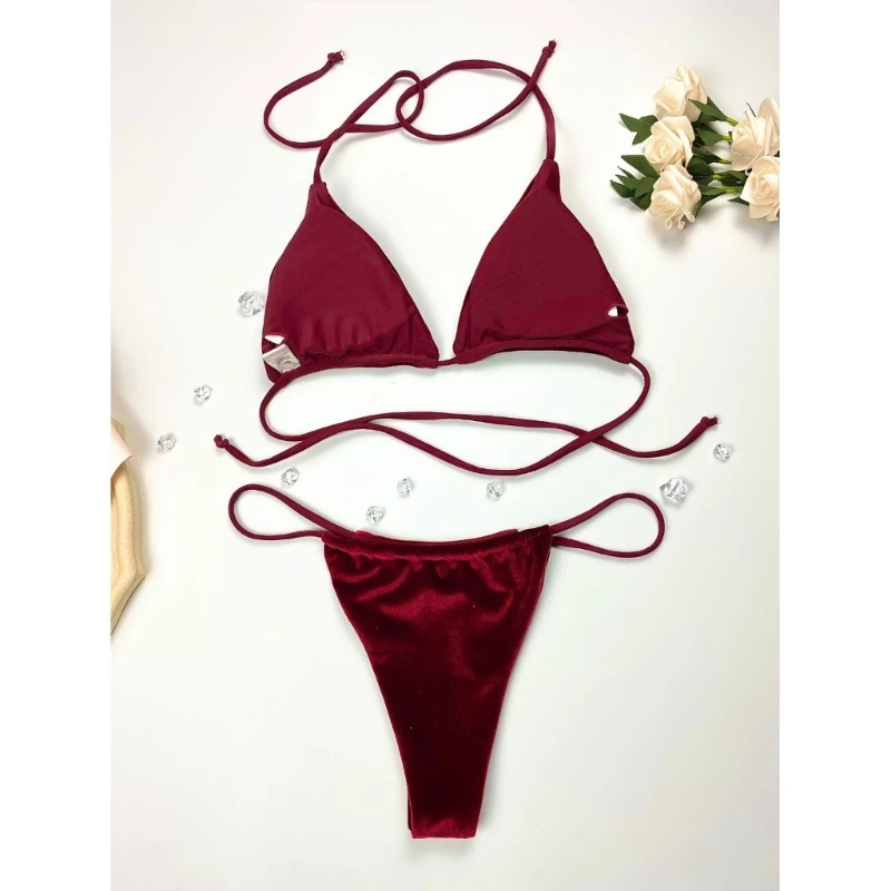 Summer Halter Bikini Set Backless Swimwear Two Pieces Swimsuit Beachwear Fashion Velvet Bathing Suits for Women Female 250118