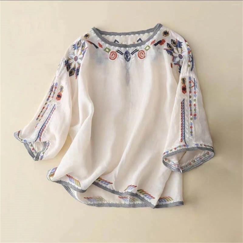 Women's Blouses Summer Ethnic Wind Embroidery Cotton And Linen Loose Plate Buckle Horn Sleeve Women Tennis Shirts Plain T