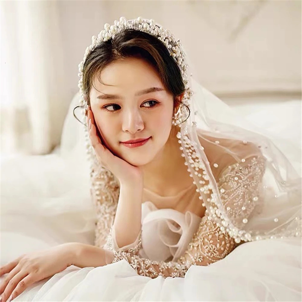 Pearls Wedding Veil 1 Tier Long Bridal Cathedral Veil With Pearls Mantilla Luxurious Tulle Crystal Bride Veil Hair Accessories 250117