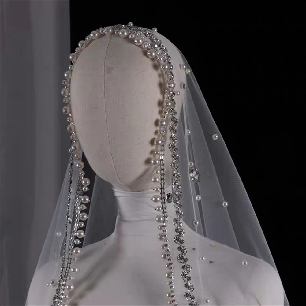 Pearls Wedding Veil 1 Tier Long Bridal Cathedral Veil With Pearls Mantilla Luxurious Tulle Crystal Bride Veil Hair Accessories 250117