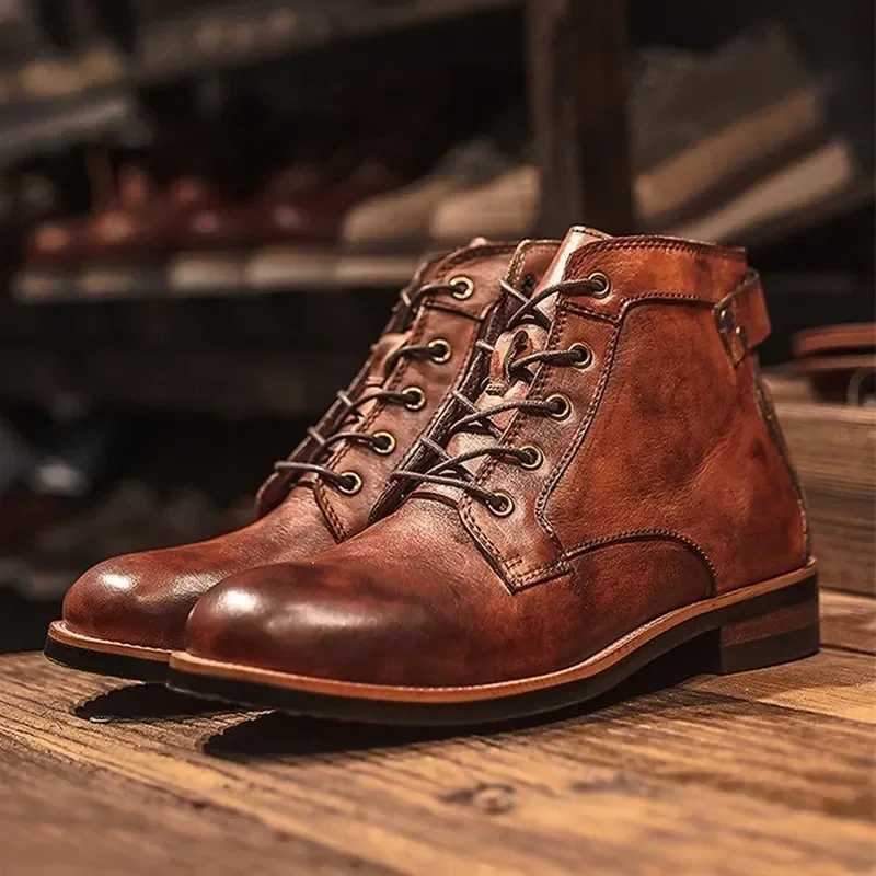 Motorcycle Boots American Casual Leather Shoes Mens UK Style Retro Work Shoes Men Big Head Lace Up Ankle Boot Plus Size Male M250121