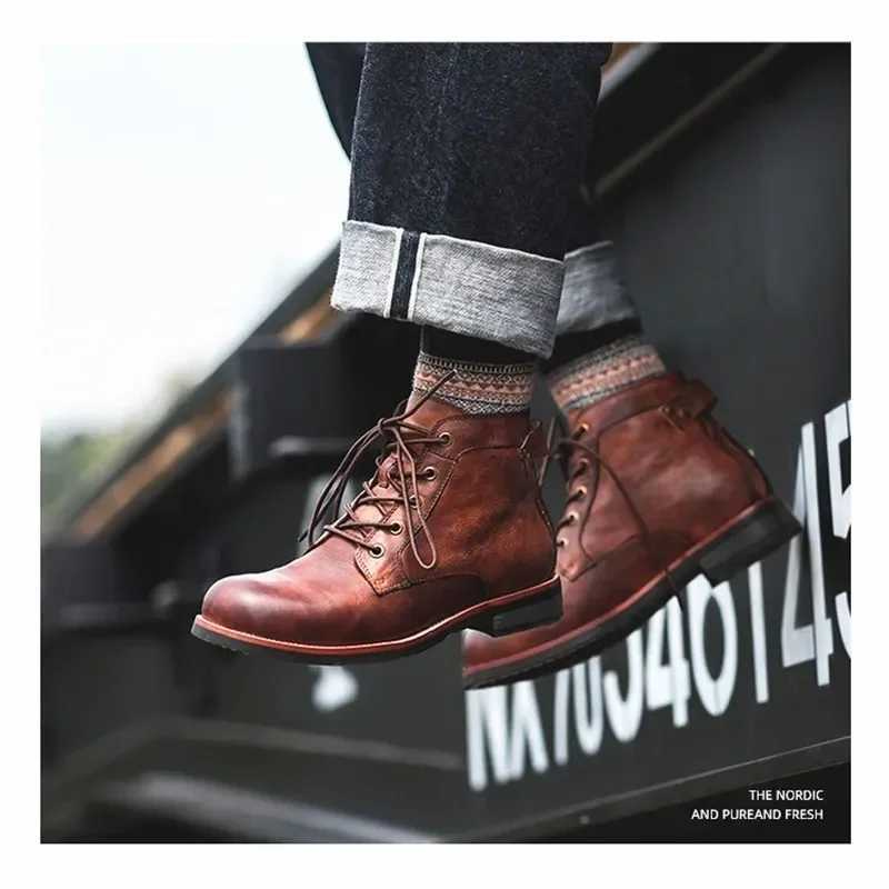 Motorcycle Boots American Casual Leather Shoes Mens UK Style Retro Work Shoes Men Big Head Lace Up Ankle Boot Plus Size Male M250121