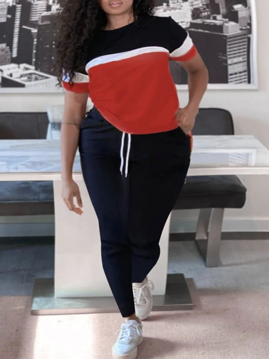 LW Womens Plus Size Colorblock Drawstring Pants Set Casual Short Sleeve Tshirt Pocket Jogger Two Piece Women 250122