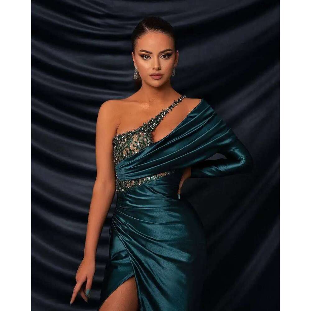Women's Evening Dresses, One Shoulder, Beading, Pleated, High Side Division, Prom Party Dress, Custom 6660311