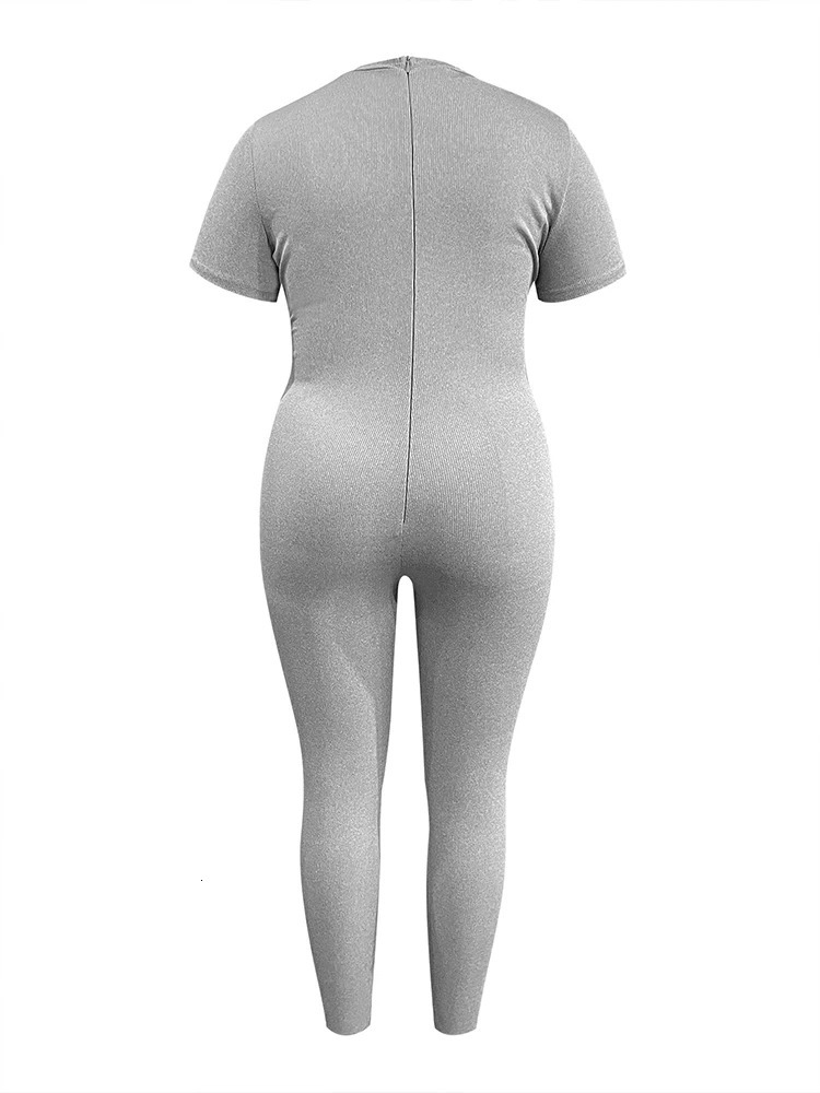 LW Autumn Large Size Full Jumpsuit Women 2024 Fashion Casual Short Sleeve Round Neck Solid Bodysuit Plus Size Womens Clothing 250113