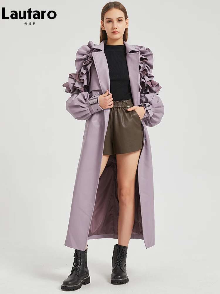 Lautaro Spring Autumn Long Ruffled Soft Pu Leather Trench Coat For Women Belt Elegant Designer Clothes Runway Fashion