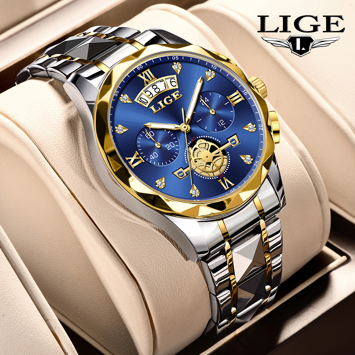 Lige Men's Fashion Business Watch Multi functional Waterproof Calendar Luminous Quartz Watch