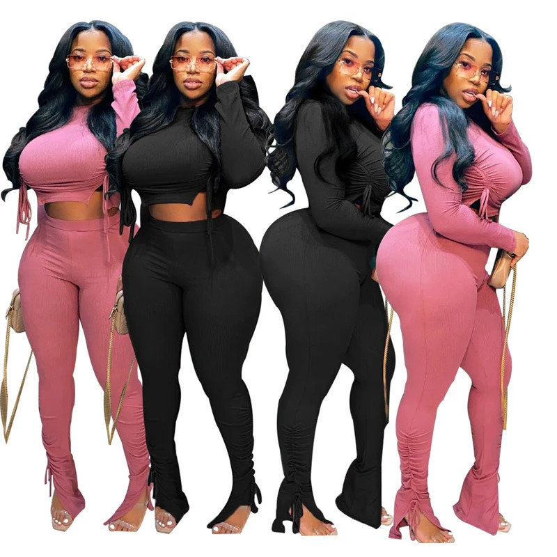 Sexy Plus Size Women Clothing Ribbed Long Sleeve Crop Top and Pants Sets Bodycon Ladies 2 Piece Outfits Wholesale Drop 250122