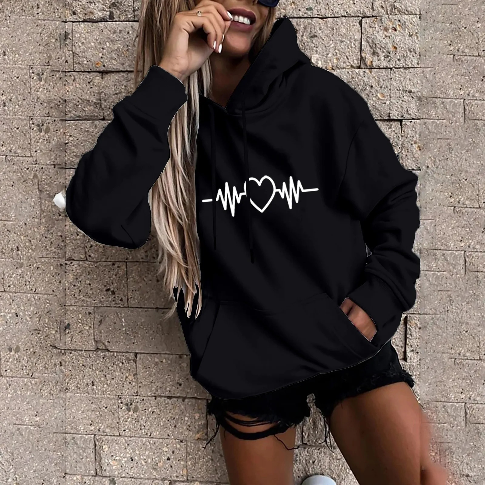 y2k High Street Heartbeat Prints Hoodie Long Sleeve Casual Daily Wear 2024 Women Hoodies Sports Sudaderas de mujer 250121