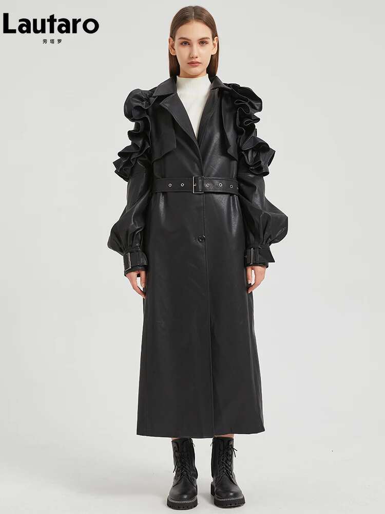 Lautaro Spring Autumn Long Ruffled Soft Pu Leather Trench Coat For Women Belt Elegant Designer Clothes Runway Fashion