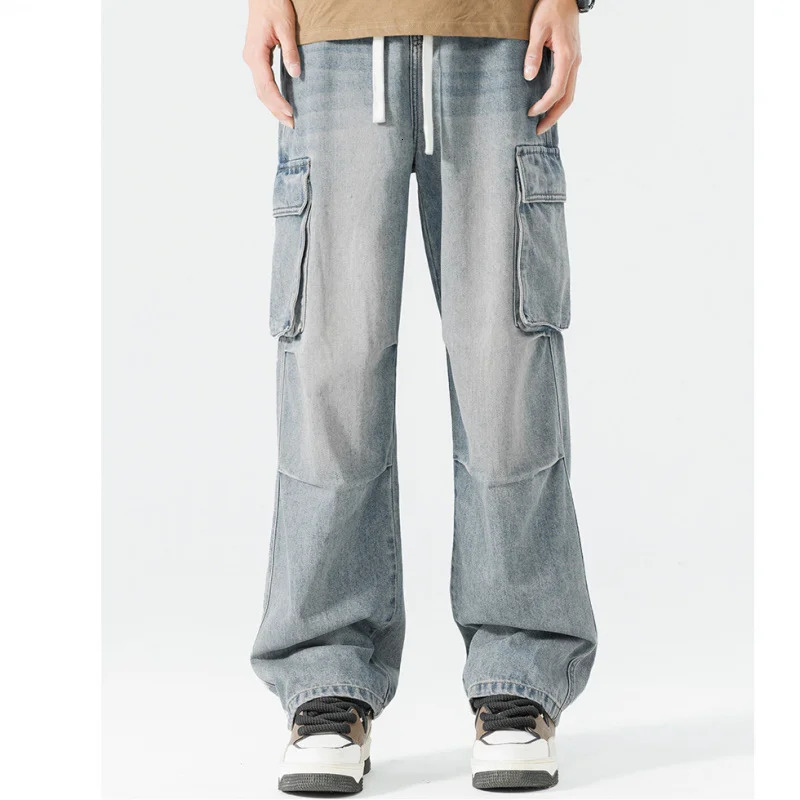 Mens casual loose hip hop denim work pants jeans with cargo pockets 250116