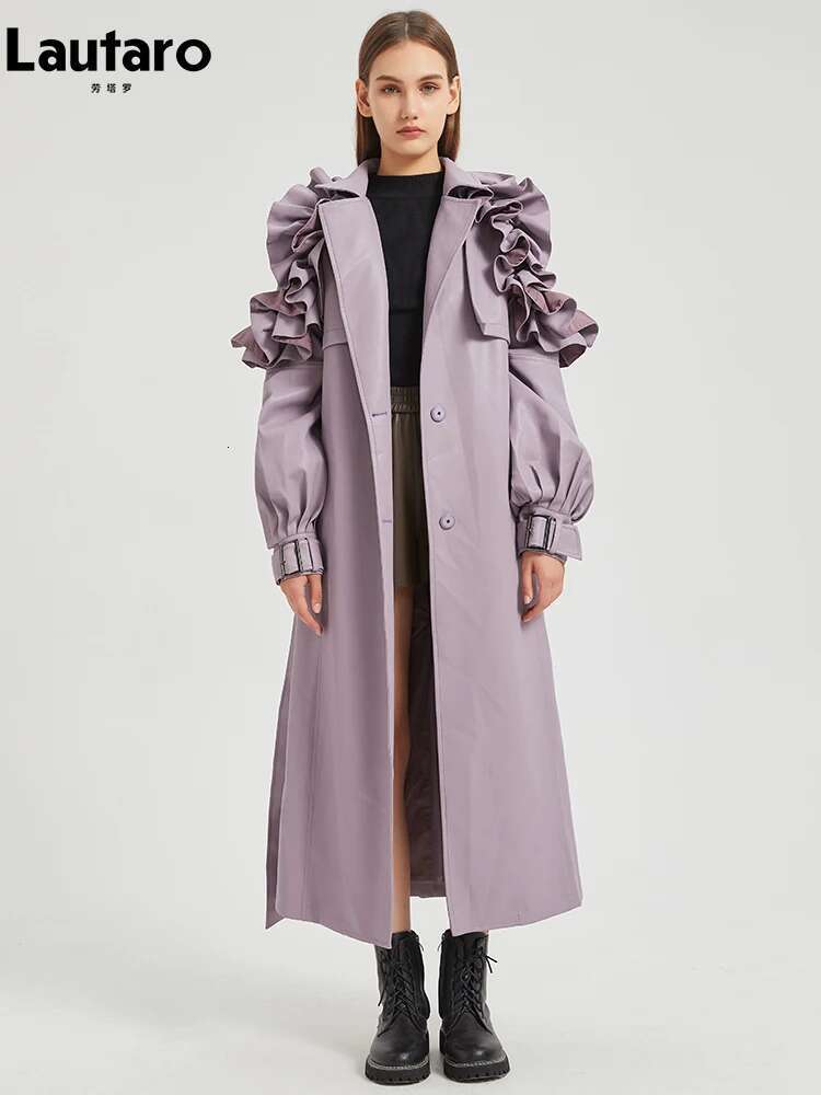 Lautaro Spring Autumn Long Ruffled Soft Pu Leather Trench Coat For Women Belt Elegant Designer Clothes Runway Fashion