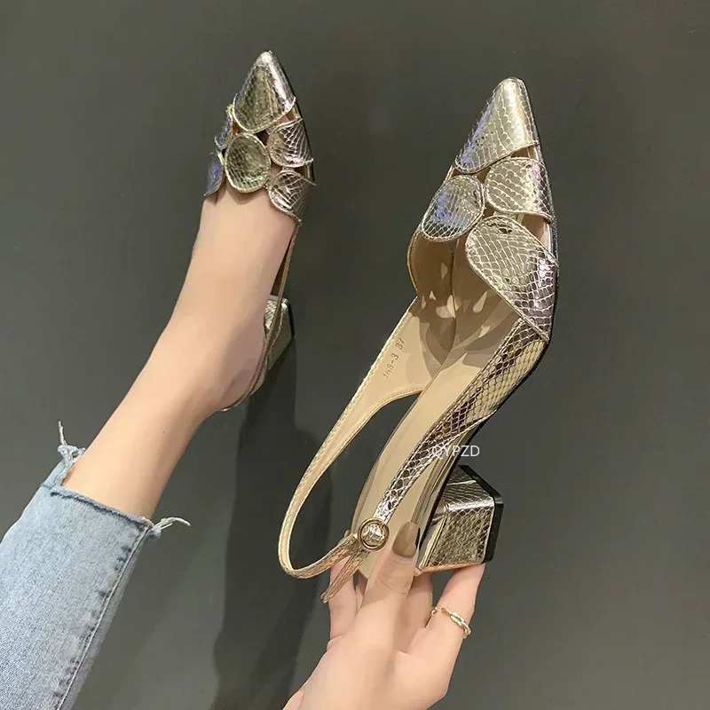 Fashion Women Leather 3cm High Heels Lady Pointe Toe Gold Sandals Female Wedding Bridal Shoes womens heel shoes 250117BJ - view 3