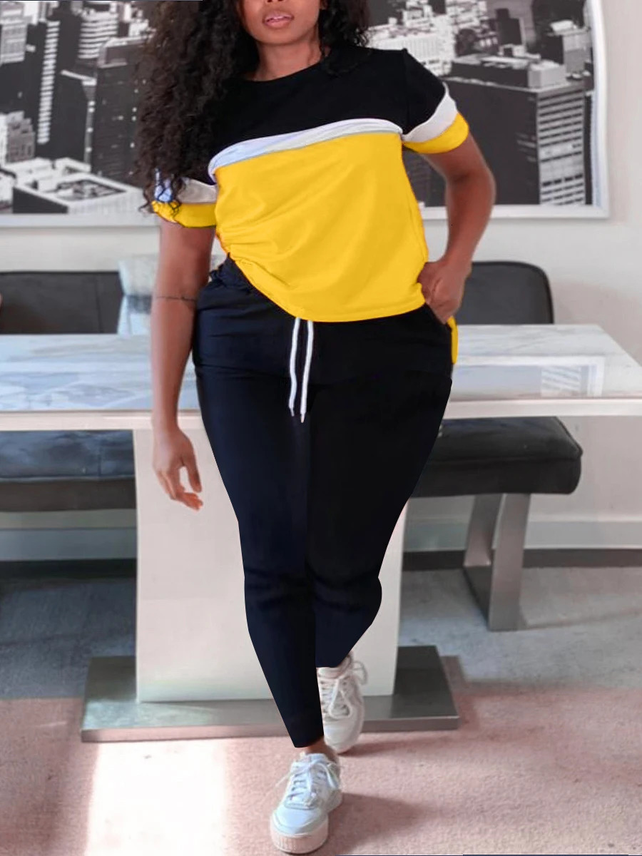 LW Womens Plus Size Colorblock Drawstring Pants Set Casual Short Sleeve Tshirt Pocket Jogger Two Piece Women 250122