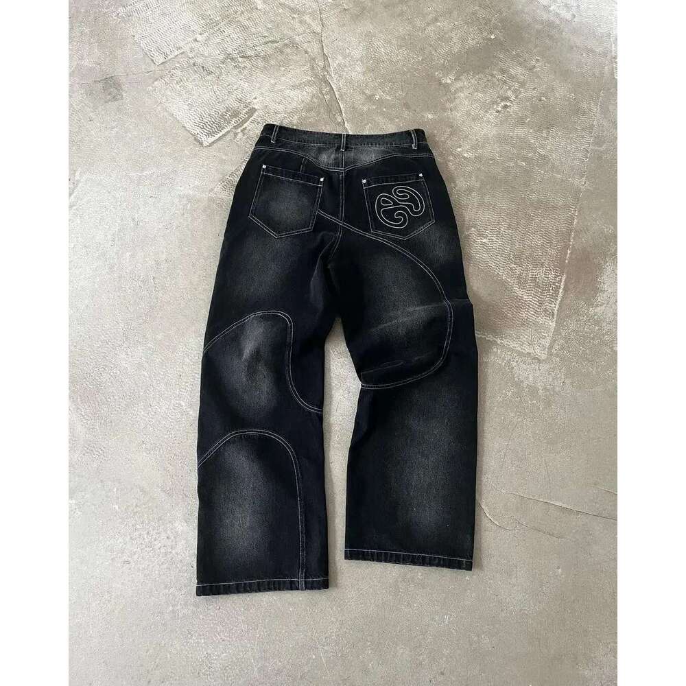 Street washed punk vintage men patchwork jeans Y2K fashionable loose fitting Gothic high waisted Haruku straight leg pants