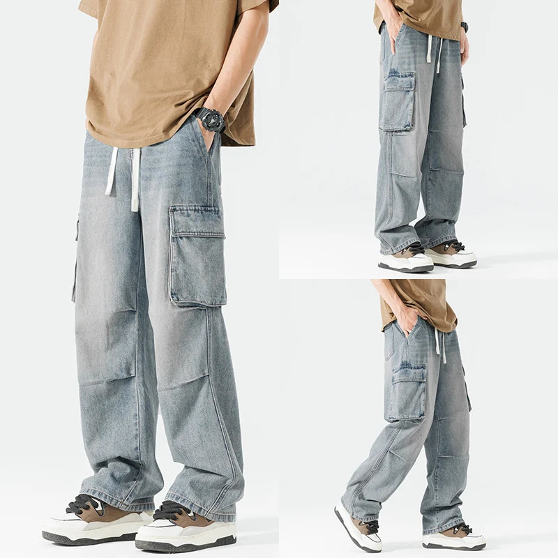 Mens casual loose hip hop denim work pants jeans with cargo pockets 250116