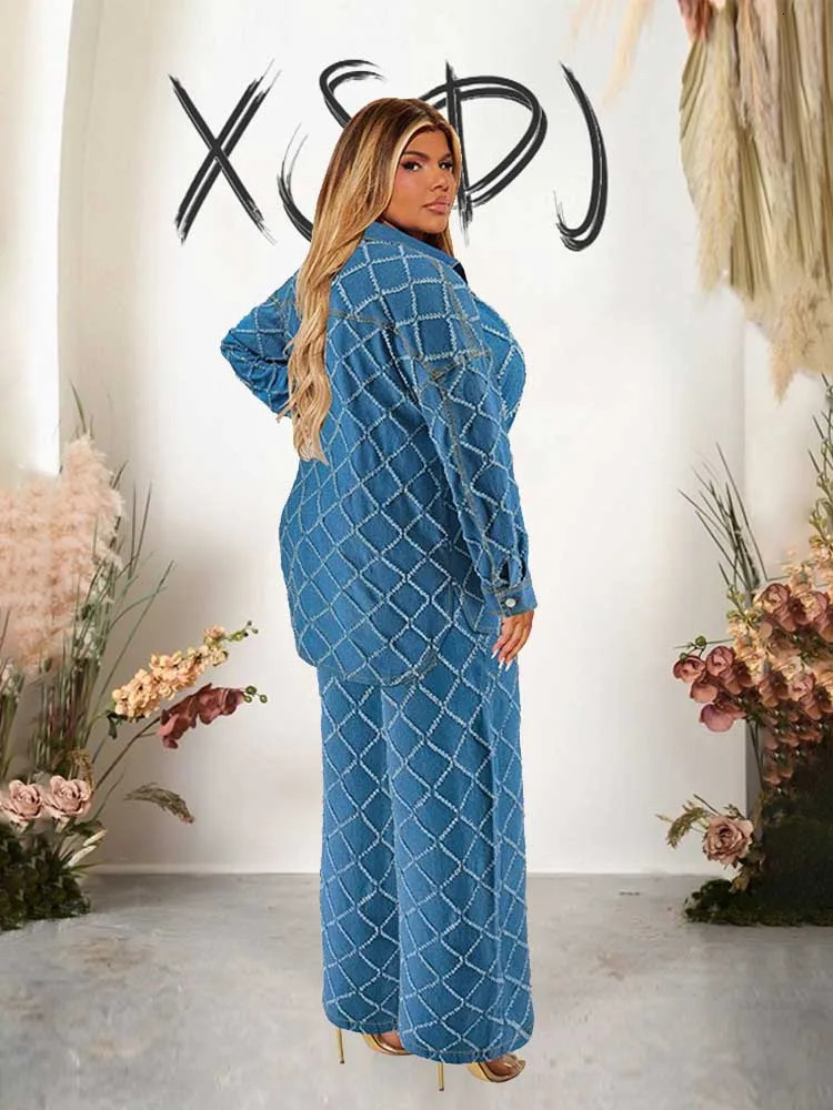 Cowboy 2piece womens jeans and jacket winter casual set long sleeved denim plain pants plus size clothing 250122