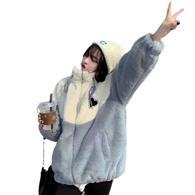 Lamb plush Coat for Womens Autumn Winter for Middle and High School Students Korean Version Loose Thick Spliced Cotton Clothes Trendy Women Jackets Co