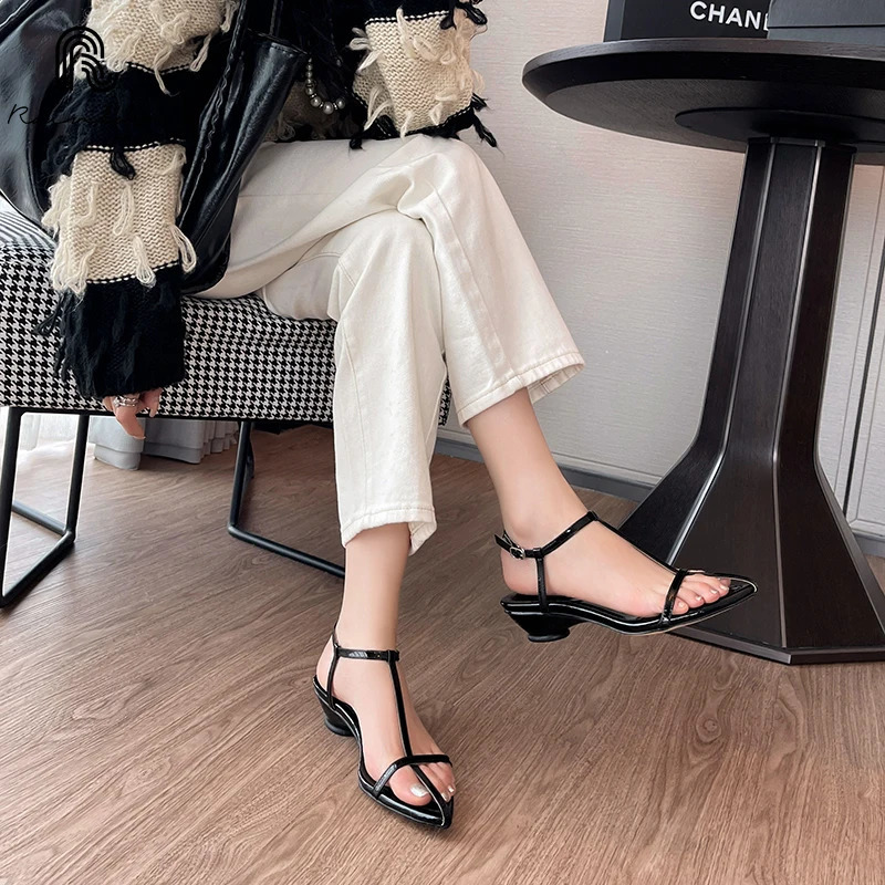 RAINBOW Women Genuine Leather Straight Strap Buckle Sandals Summer Solid Fashion Sexy Flat Shoes Open Toe Pointed Size 3540 250117BJ - view 6