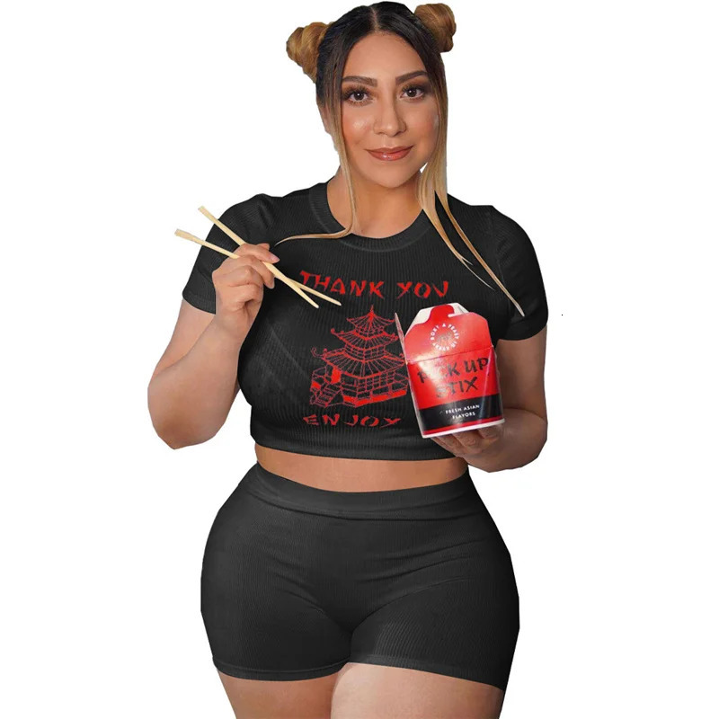 Summer plus size womens clothing twopiece wholesale tight fitting set Oneck Tshirt and shorts direct 250122