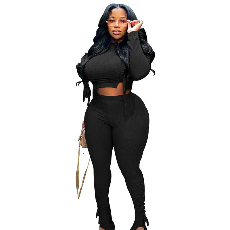 Sexy Plus Size Women Clothing Ribbed Long Sleeve Crop Top and Pants Sets Bodycon Ladies 2 Piece Outfits Wholesale Drop 250122