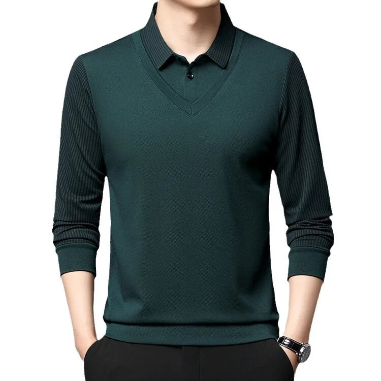 Mens Polo shirt long sleeve spring and autumn highend business casual mens two lapel striped Tshirt top 250113Z