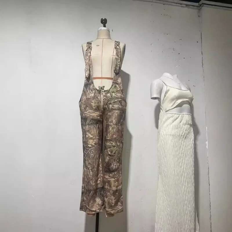 Forest Camouflage Print Cargo Jumpsuit Women Fashion Adjustable Straps Zipper Loose Wide Leg Pants One Piece Overalls Streetwear