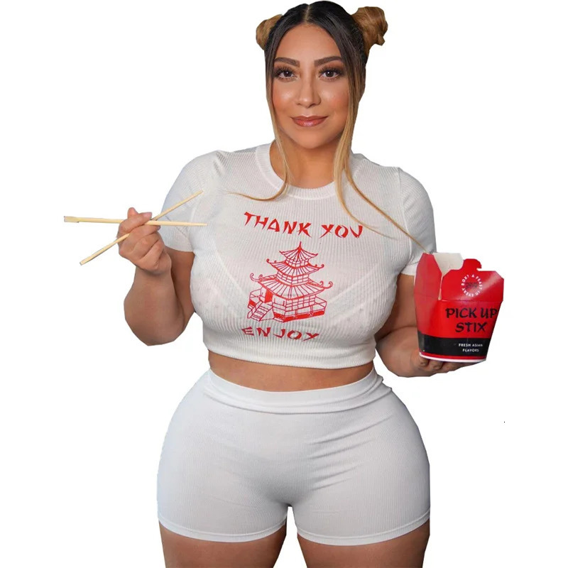 Summer plus size womens clothing twopiece wholesale tight fitting set Oneck Tshirt and shorts direct 250122