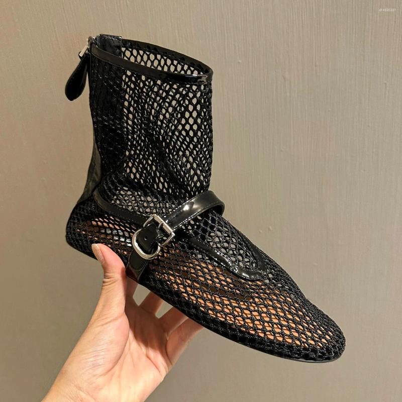 Sandals Black Round Toe Flat Net Lace Roman European And American Runway Sexy Short Boots Trendy Women hurenlakeshoes hurenlakeshoes hurenlakeshoes